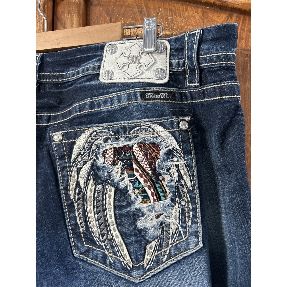 Women's Miss Me Jeans Mid Rise Easy Skinny Jeans Sz 34 Feathers Wings NO Pilling